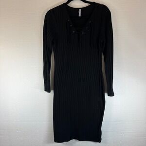 Xhilaration L/S Midi Sweater Dress Black L Ribbed Lace Up V Neck Whimsigoth‎